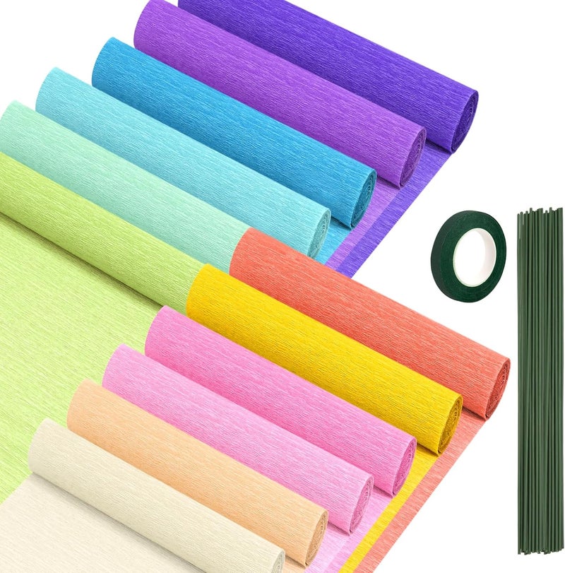 fuceury 12 Colors Crepe Paper Rolls, 10 x 98Inch Wide Crepe Paper Sheets with Floral Stem Wire and Green Floral Tapes for DIY Gift Wrapping Paper Crafts Birthday Wedding Holiday Paper Flower?Multicolor 03? - Image 1
